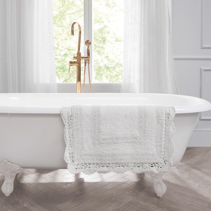 Laura Ashley Absorbent Bath Mat Reversible Crochet Soft and Plush Bathroom Mat 100% Cotton 21x34 Bath Rug, White - Image 5